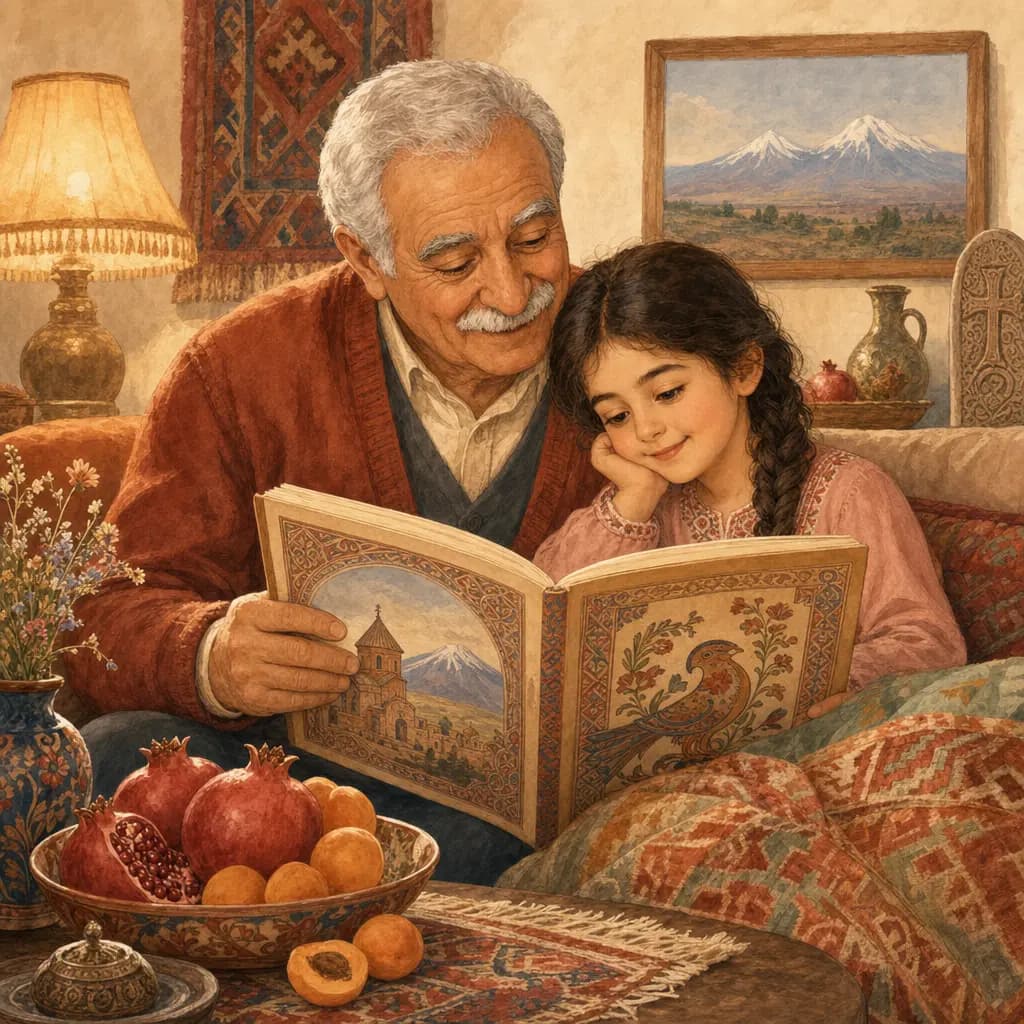 A grandparent reading an Armenian storybook to their grandchild