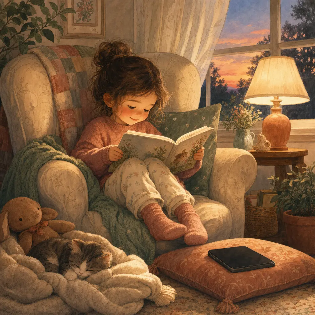 A child reading their printed storybook by lamplight