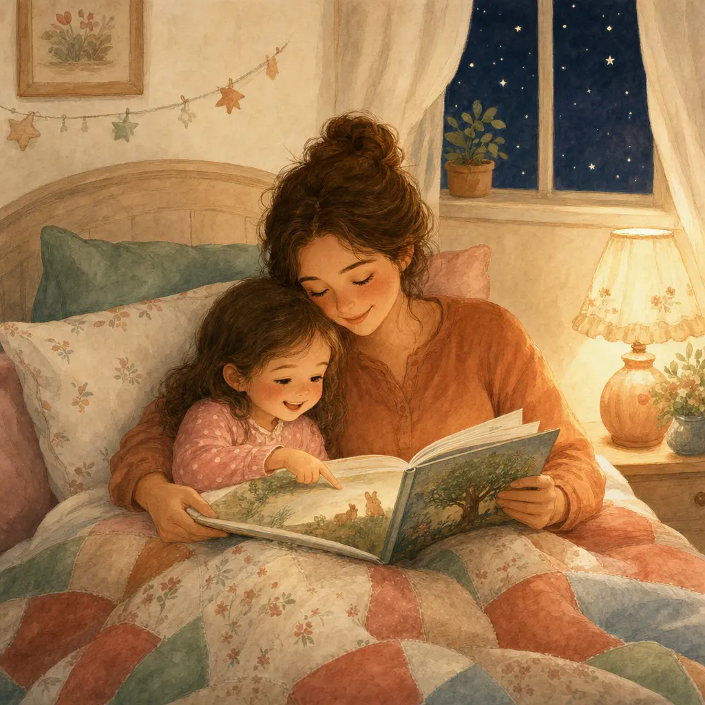 A parent and child reading a storybook together at bedtime